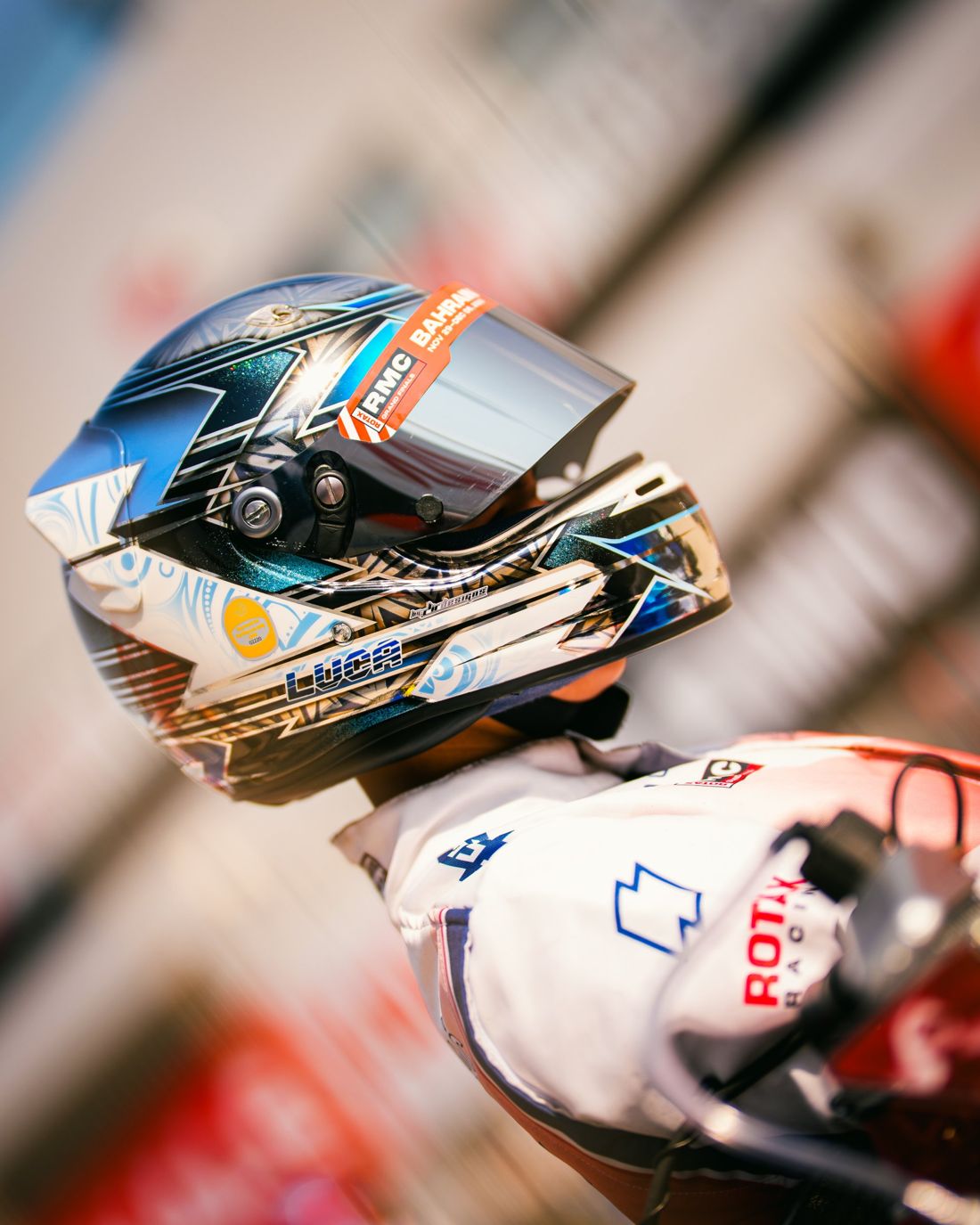 Helmet with Bahrain Grand Finals visor sticker