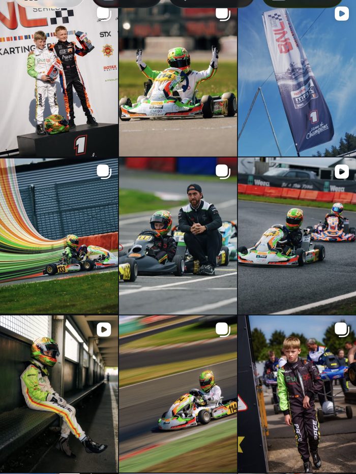 Charlie Page Instagram grid after: clean race photography and podiums