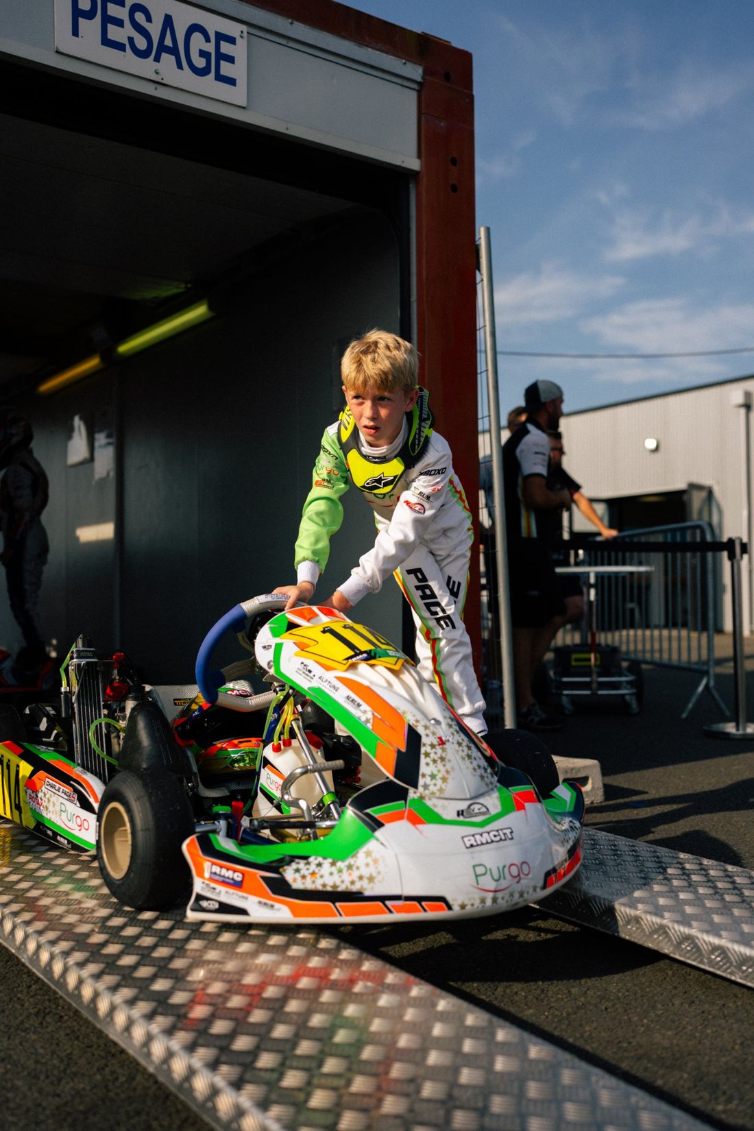 Charlie Page wheels kart 114 out of the weighbridge