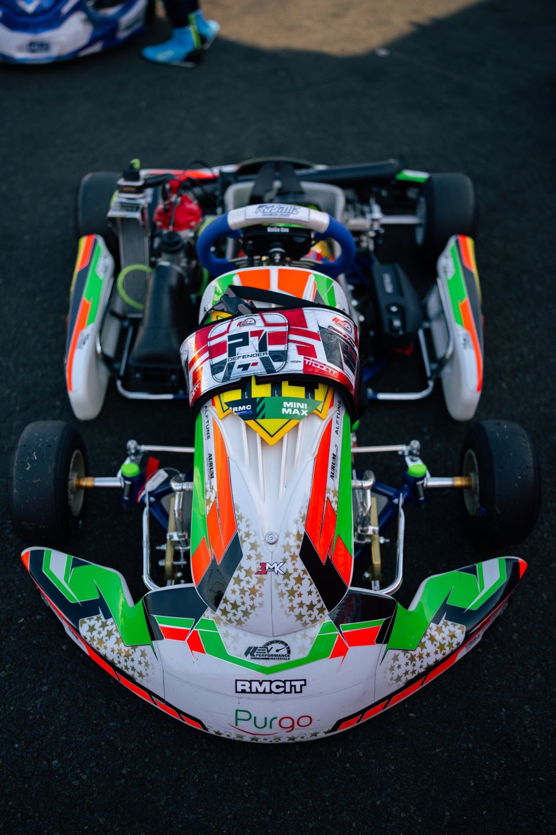 Kart 114 from above with steering wheel and helmet bag