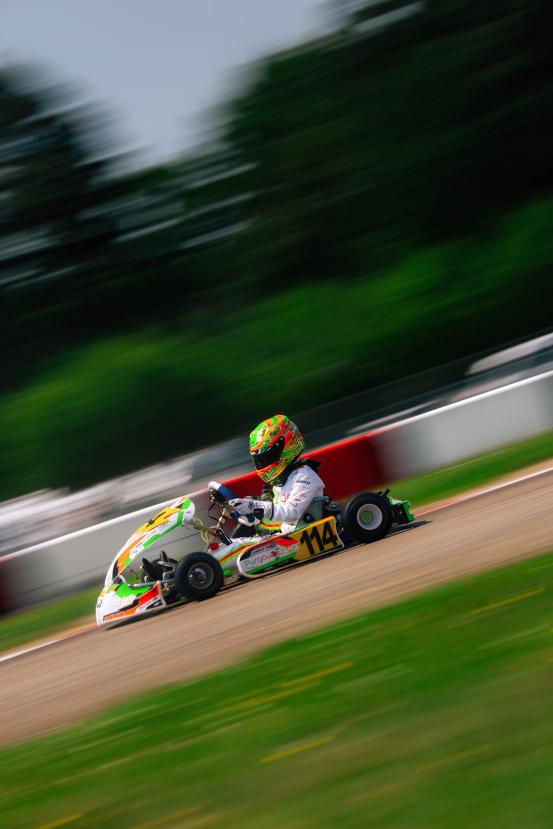 Panning shot of kart 114 past the trees