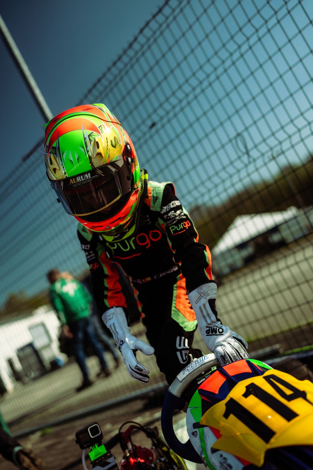 Charlie Page climbs out of kart 114