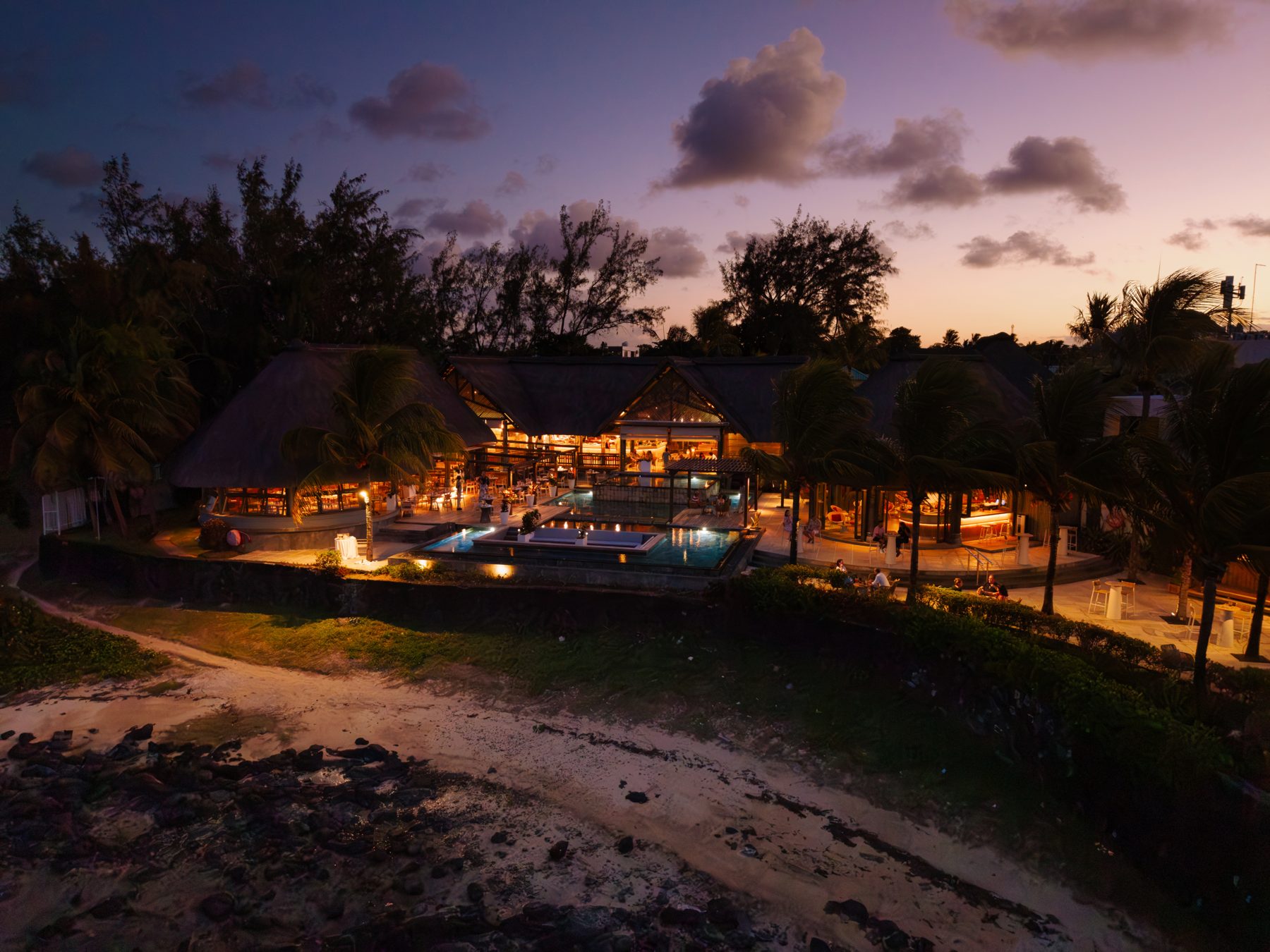 Aerial of the Veranda Grand Baie pool and palms